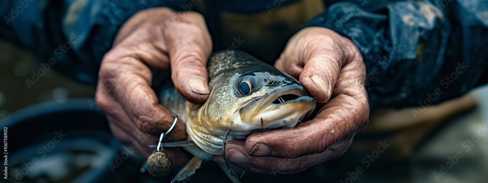 A fisherman proudly holds a freshly caught fish in his weathered hands beside a tranquil river in the early morning light A fisherman proudly holds a freshly caught fish in his weathered hands beside a tranquil river in the early morning light
