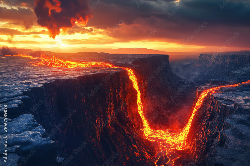 Fototapeta premium A wide landscape of a crack in the earth's crust opening near an active volcano, with fiery lava flows spilling into the chasm.
