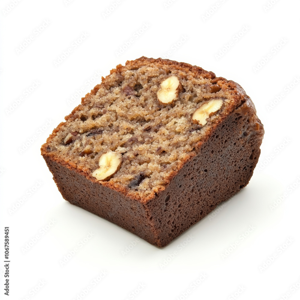 A slice of banana bread with visible nuts, isolated on a white background, showcasing a comforting baked good A slice of banana bread with visible nuts, isolated on a white background, showcasing a comforting baked good