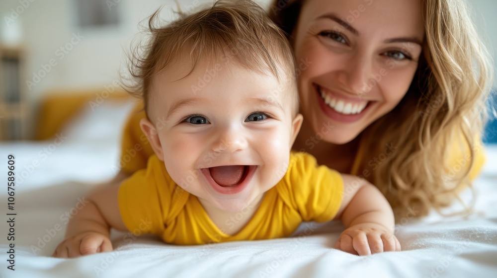 A loving mother with bright eyes smiles warmly at her baby dressed in yellow, capturing the essence of maternal love in a serene home environment. A loving mother with bright eyes smiles warmly at her baby dressed in yellow, capturing the essence of maternal love in a serene home environment.