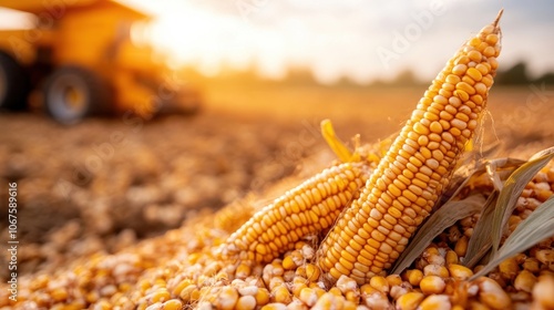 A vivid corn cob rises prominently in the foreground, surrounded by a crisp, blurred field, embodying the essence of agricultural abundance and vitality. photo