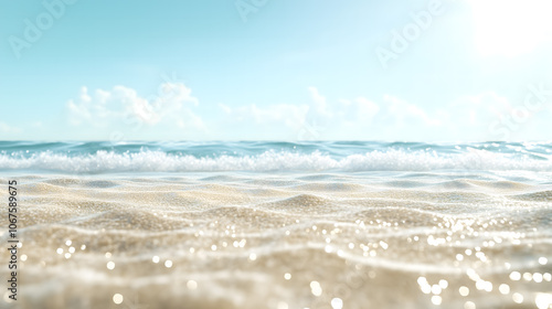 Close-up of sandy beach with gentle ocean waves under soft light