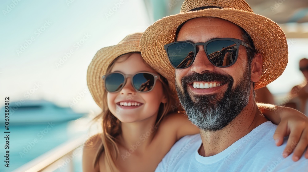 A father and daughter joyfully smile, wearing straw hats and sunglasses on a boat cruise, highlighting enjoyment and an adventurous vacation spirit. A father and daughter joyfully smile, wearing straw hats and sunglasses on a boat cruise, highlighting enjoyment and an adventurous vacation spirit.