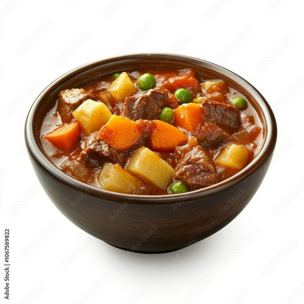 A bowl of chunky beef stew with vegetables, isolated on a white background, showcasing a hearty meal A bowl of chunky beef stew with vegetables, isolated on a white background, showcasing a hearty meal