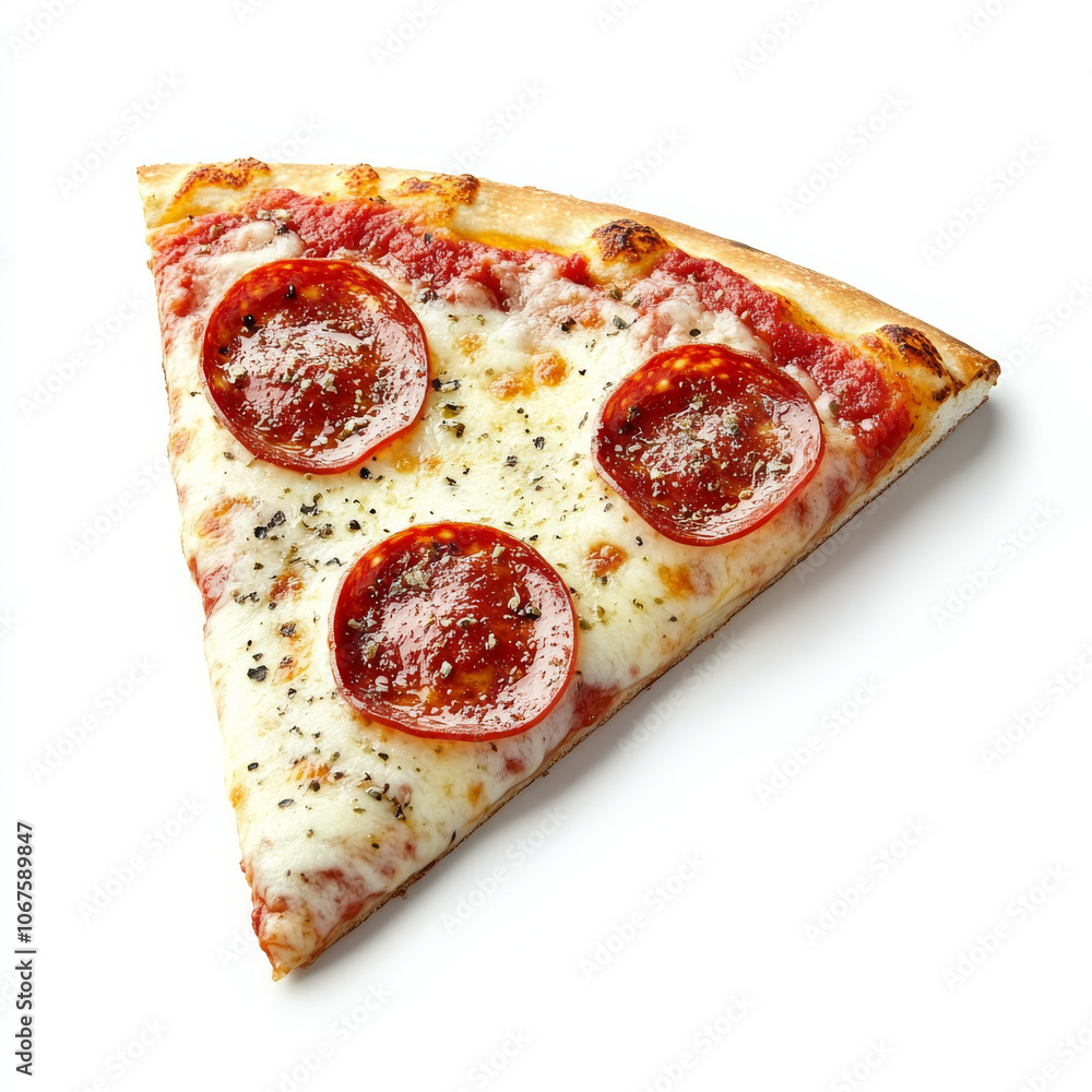 A slice of pepperoni pizza with melted cheese, isolated on a white background, showcasing a popular savory snack A slice of pepperoni pizza with melted cheese, isolated on a white background, showcasing a popular savory snack