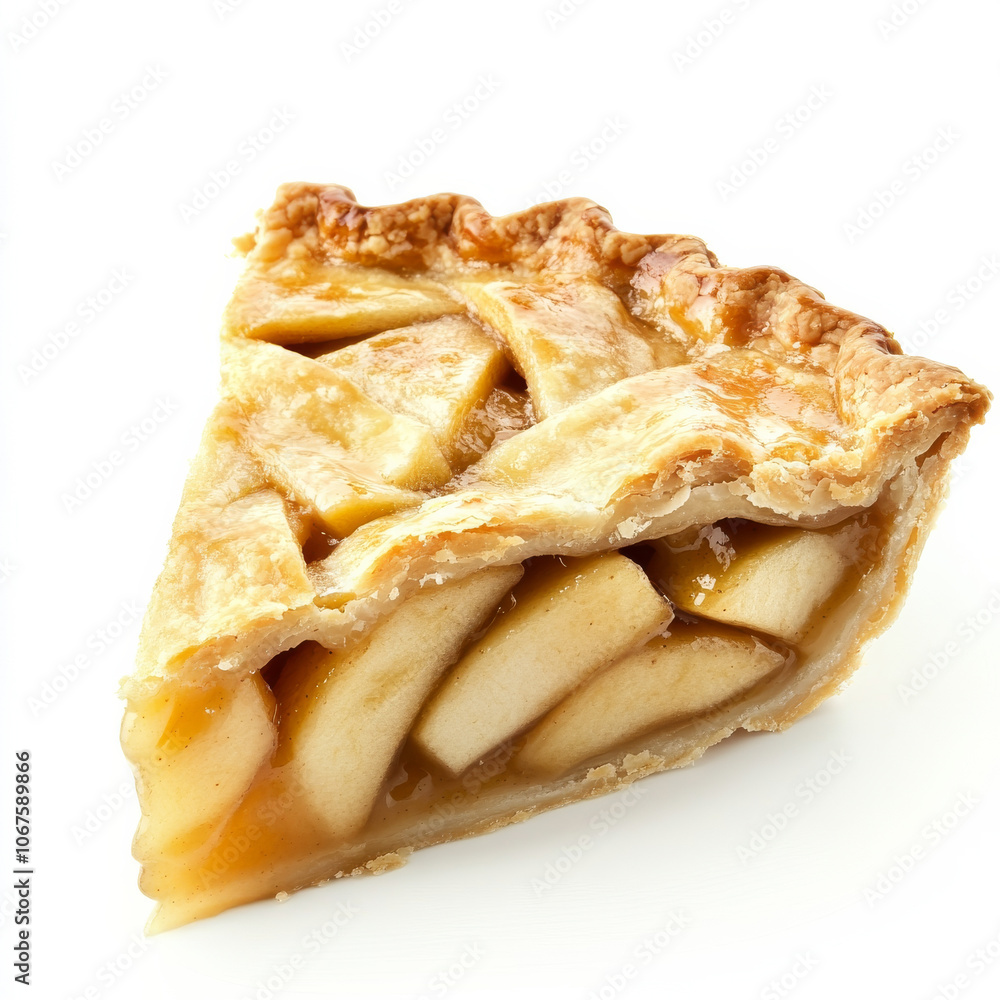 A slice of apple pie with visible filling, isolated on a white background, showcasing a classic dessert A slice of apple pie with visible filling, isolated on a white background, showcasing a classic dessert