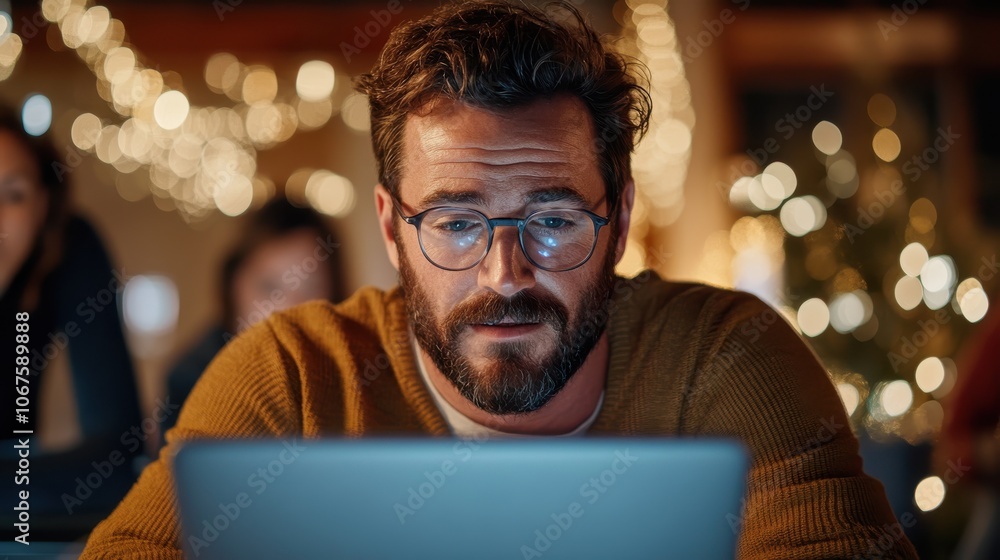 A bearded man is intensely focused on his laptop in a warmly lit room adorned with festive lights, capturing a sense of quiet determination and comfort. A bearded man is intensely focused on his laptop in a warmly lit room adorned with festive lights, capturing a sense of quiet determination and comfort.