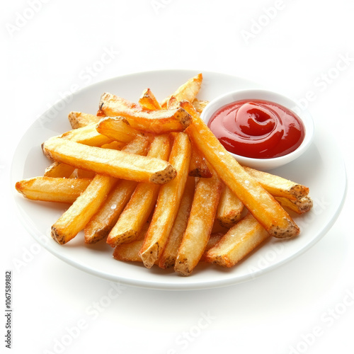 A plate of French fries with ketchup, isolated on a white background, showcasing a classic side