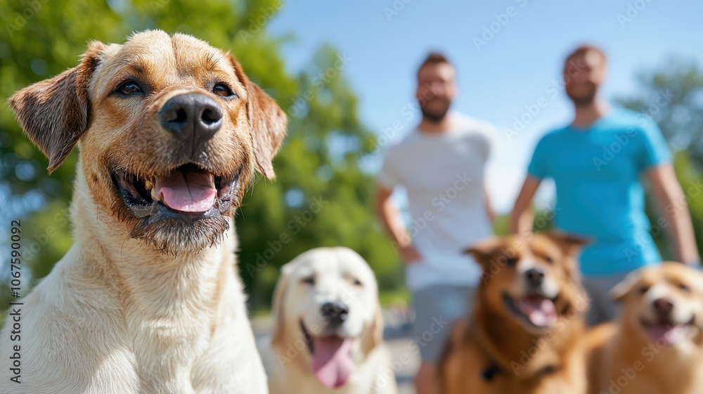 A cheerful dog is front and center, enjoying a sunny day, surrounded by other dogs and people in a beautiful park setting, highlighting happiness and togetherness. A cheerful dog is front and center, enjoying a sunny day, surrounded by other dogs and people in a beautiful park setting, highlighting happiness and togetherness.