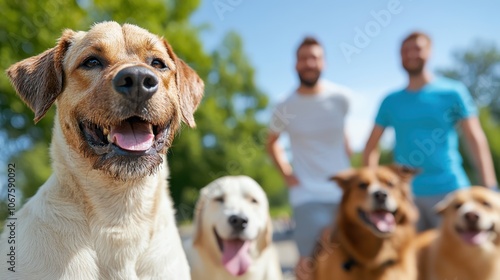 A cheerful dog is front and center, enjoying a sunny day, surrounded by other dogs and people in a beautiful park setting, highlighting happiness and togetherness.