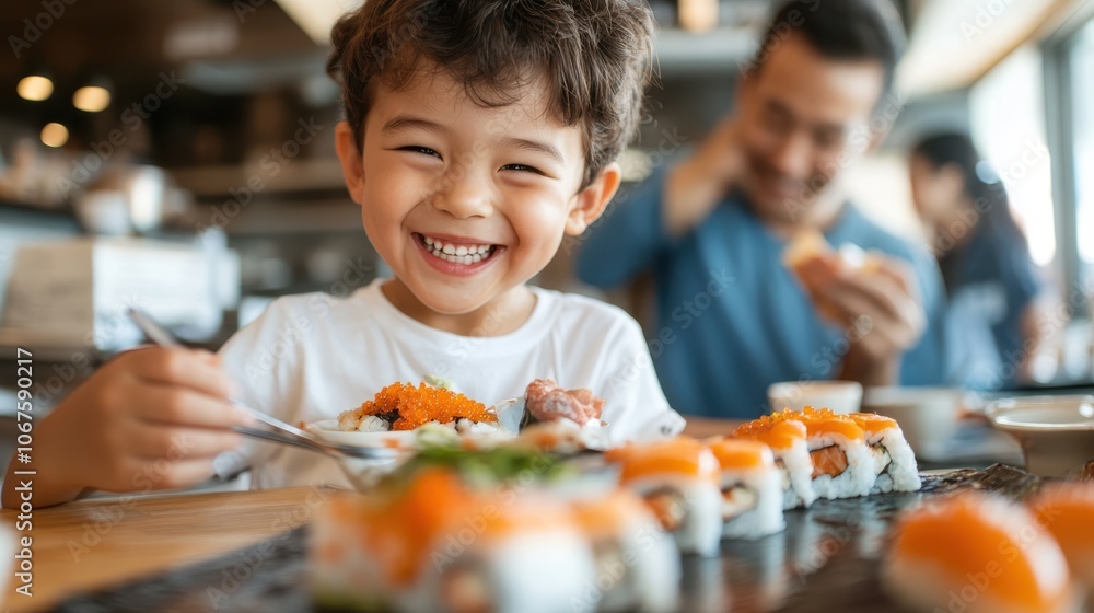 A cheerful child enjoys sushi at a dining table, sharing laughter and meals with family. The atmosphere is bright, lively, and bursting with culinary joy. A cheerful child enjoys sushi at a dining table, sharing laughter and meals with family. The atmosphere is bright, lively, and bursting with culinary joy.