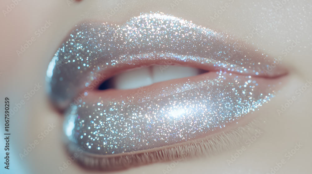 Obraz premium Close-up of shimmering glossy lips with sparkling glitter