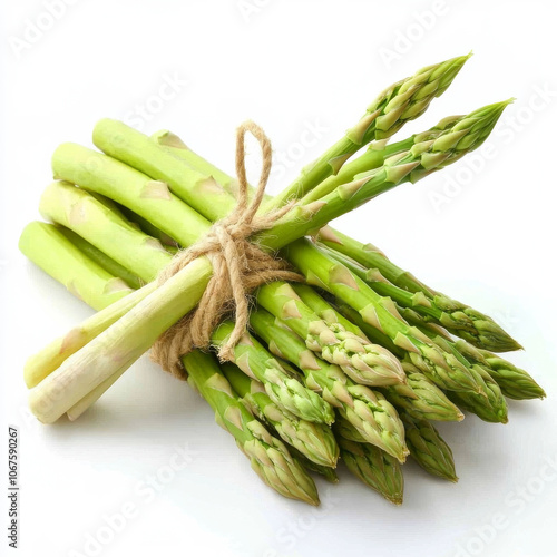 A bunch of fresh asparagus spears, isolated on a white background, showcasing a crisp green vegetable
