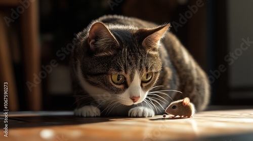 Cat playing with little gerbil mouse on thetable photo