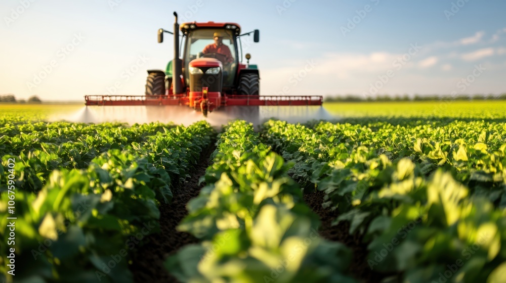 A red tractor is actively spraying young plants in a large field during the day, depicting the essence of efficient large-scale agricultural operations. A red tractor is actively spraying young plants in a large field during the day, depicting the essence of efficient large-scale agricultural operations.