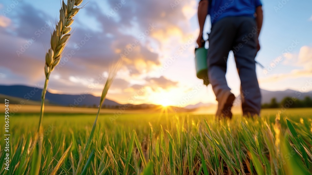 A person walks with a spray bottle through a lush green field at sunset, signifying a connection to nature, contemplation, and agricultural simplicity. A person walks with a spray bottle through a lush green field at sunset, signifying a connection to nature, contemplation, and agricultural simplicity.
