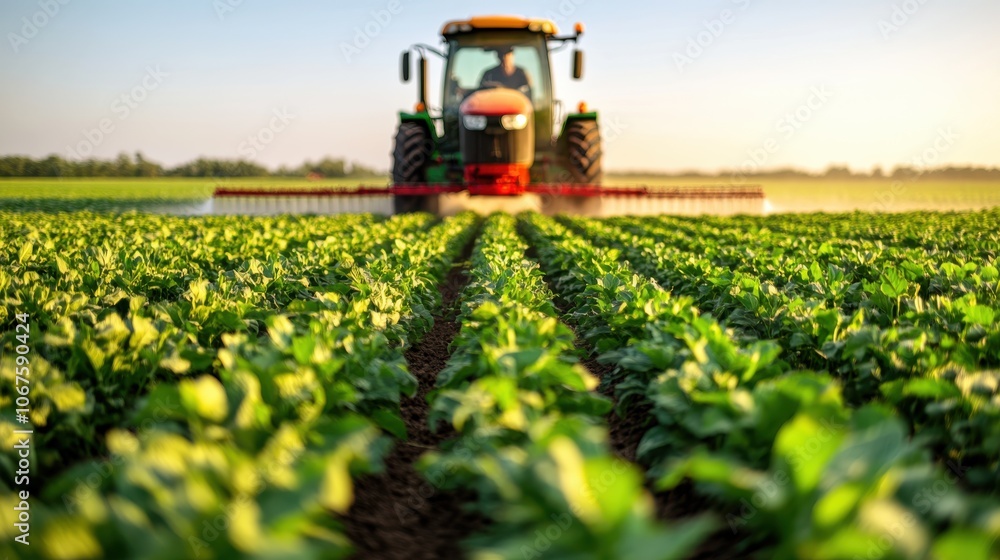 A tractor operates in a vibrant green field with rows of crops, showcasing the essence of modern agriculture and the tranquility of rural landscapes. A tractor operates in a vibrant green field with rows of crops, showcasing the essence of modern agriculture and the tranquility of rural landscapes.