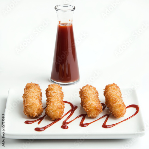 A plate of fried mozzarella sticks with marinara sauce, isolated on a white background, highlighting a cheesy appetizer