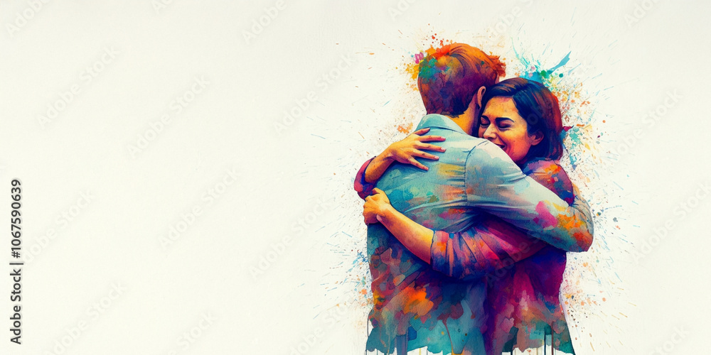 Fototapeta premium Couple Embracing in a Loving Hug, Expression of Intimacy, Watercolor Painting Illustration on Textured Paper