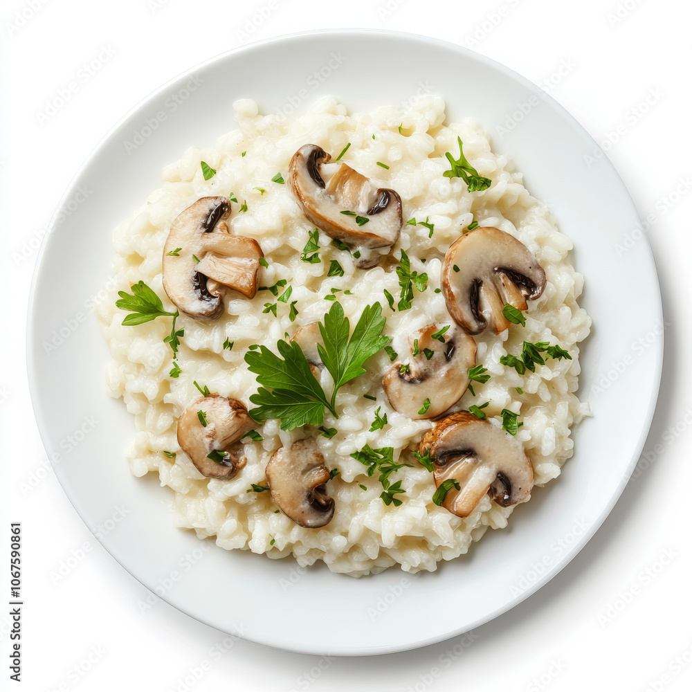 A plate of mushroom risotto with parsley, isolated on a white background, emphasizing a creamy dish A plate of mushroom risotto with parsley, isolated on a white background, emphasizing a creamy dish