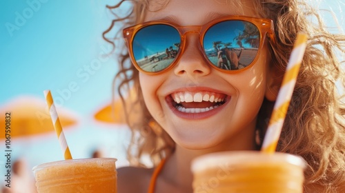 A joyful girl in mirrored sunglasses holds two drinks while basking in the warm sun, with a beach scene reflected in her eyewear, symbolizing summer fun. photo