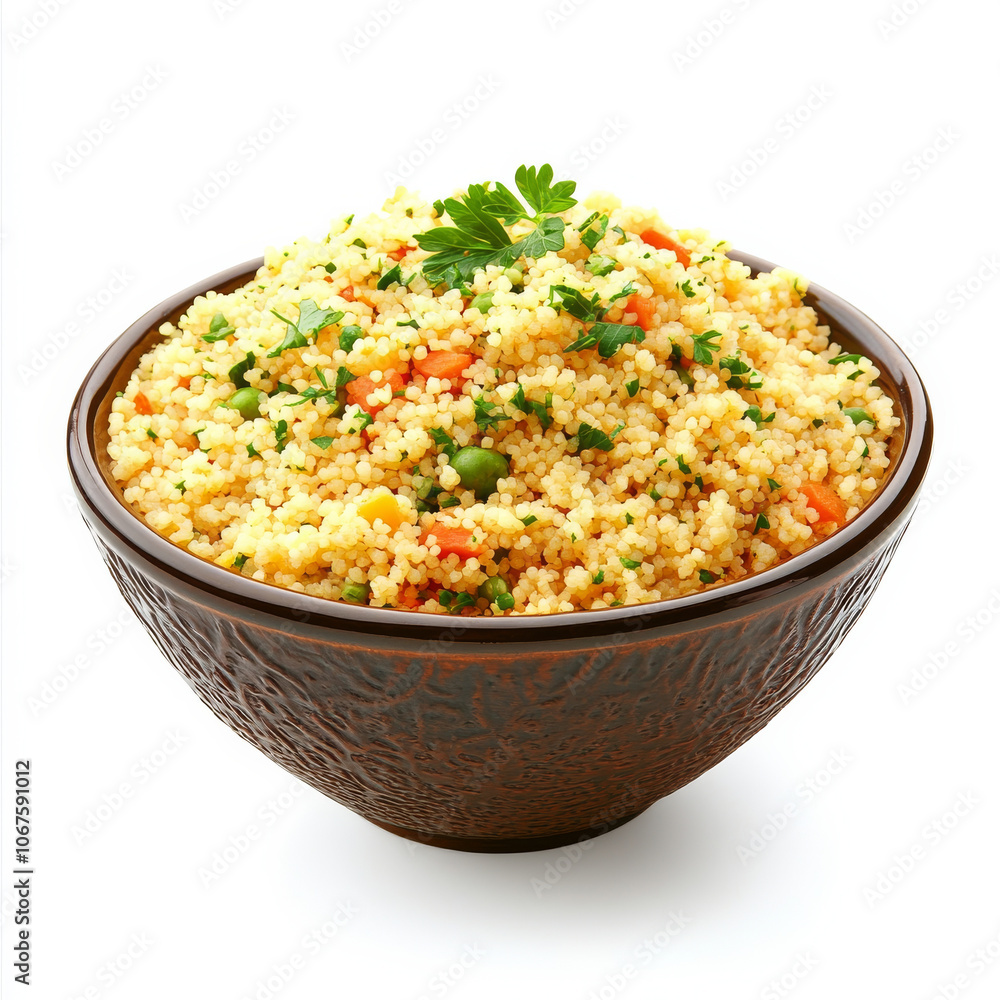 A bowl of couscous with herbs and vegetables, isolated on a white background, highlighting a nutritious side dish A bowl of couscous with herbs and vegetables, isolated on a white background, highlighting a nutritious side dish
