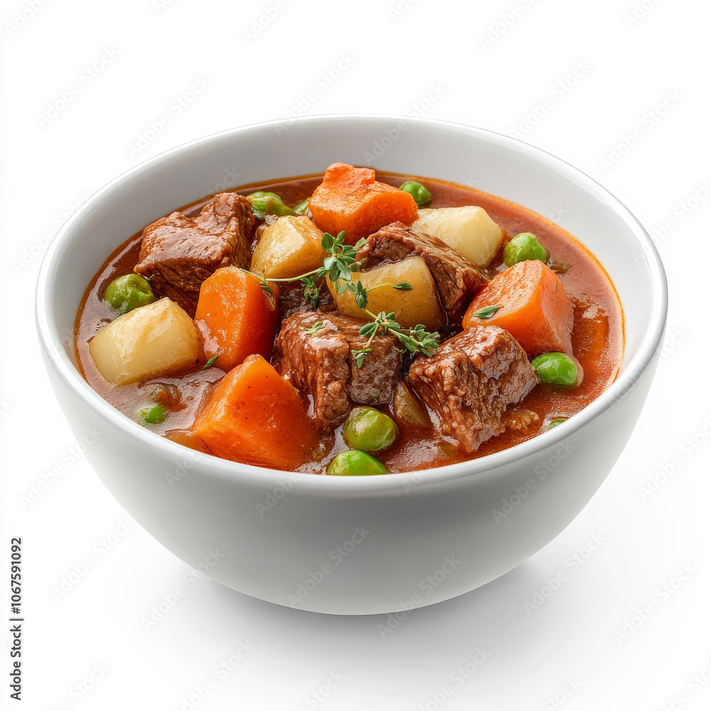 A bowl of chunky beef stew with vegetables, isolated on a white background, showcasing a hearty meal A bowl of chunky beef stew with vegetables, isolated on a white background, showcasing a hearty meal