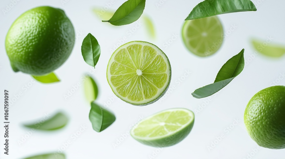 Fresh lime slices with green leaves falling in the air isolated on white background Fresh lime slices with green leaves falling in the air isolated on white background