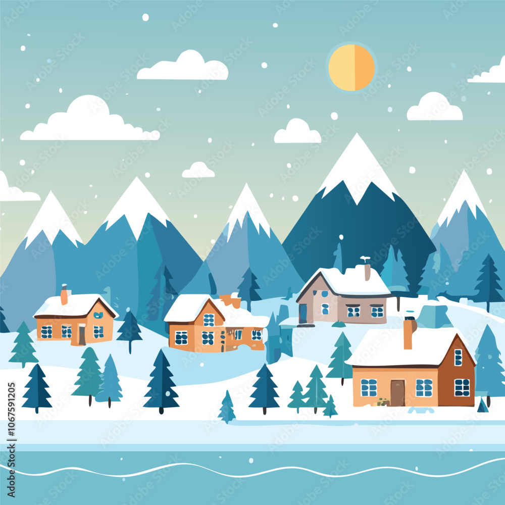 Naklejka premium Illustration of a rural scene during a snowy day