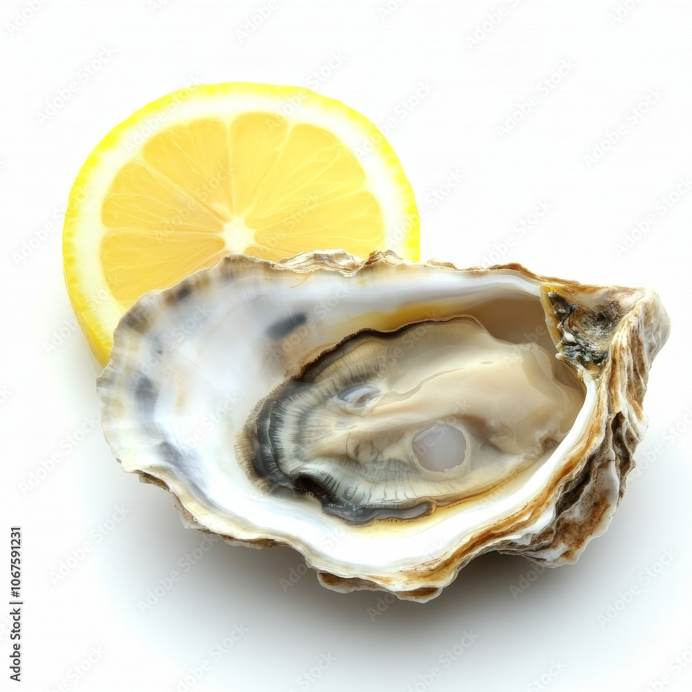 A fresh oyster with lemon slice, isolated on a white background, showcasing a popular seafood delicacy A fresh oyster with lemon slice, isolated on a white background, showcasing a popular seafood delicacy