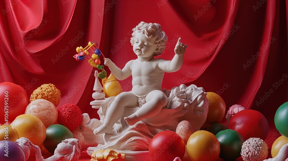 Fototapeta premium Whimsical Childhood Delight: Classic Marble Statue of a Child Playing with a Toy in a Colorful Red Setting - Perfect as a Poster for Playful Sports Interiors