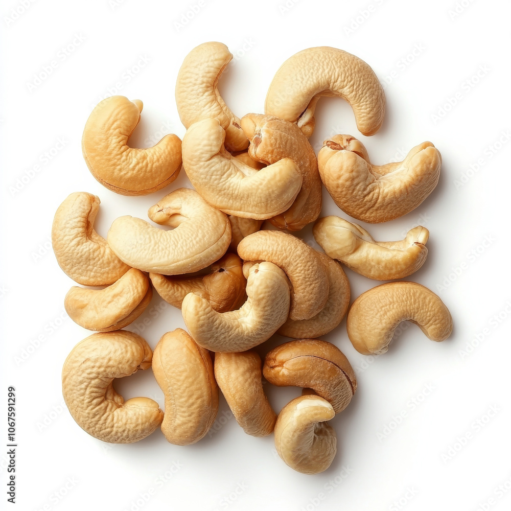 A handful of whole cashew nuts, isolated on a white background, showcasing a popular snack