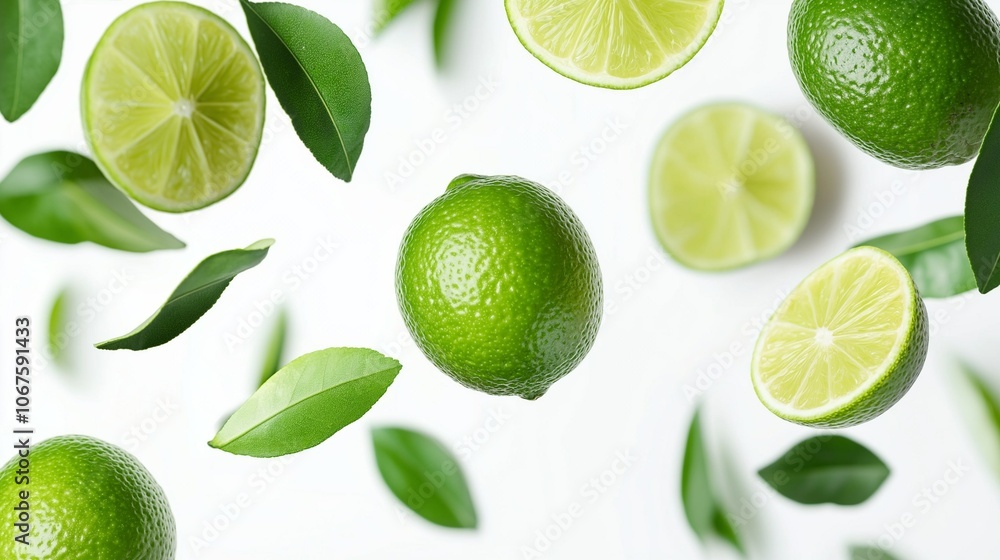 Fresh lime slices with green leaves falling in the air isolated on white background Fresh lime slices with green leaves falling in the air isolated on white background