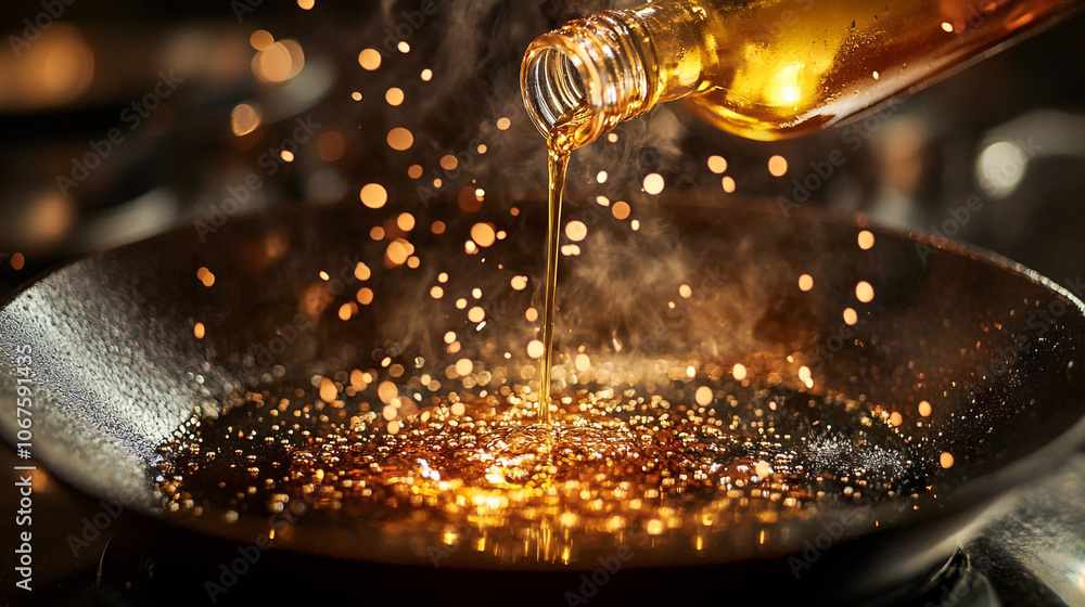 Pouring Cooking Oil into Hot Frying Pan with Sizzling Sparks Pouring Cooking Oil into Hot Frying Pan with Sizzling Sparks