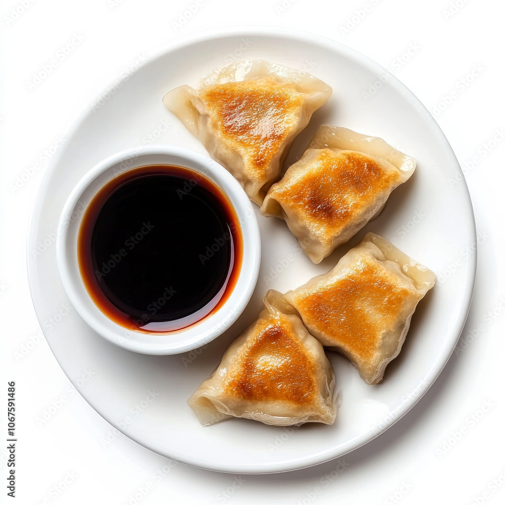 A plate of freshly made dumplings with soy sauce, isolated on a white background, highlighting an Asian snack A plate of freshly made dumplings with soy sauce, isolated on a white background, highlighting an Asian snack