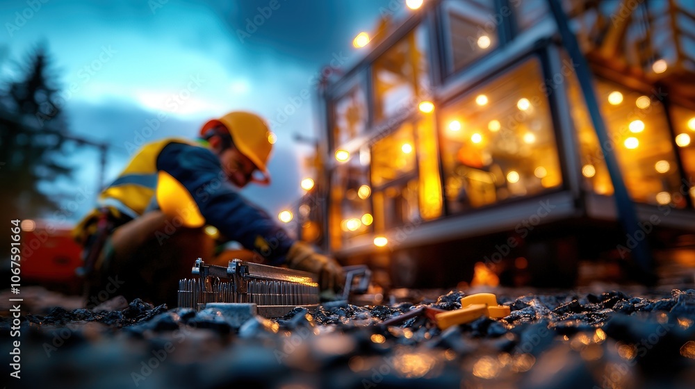 A construction worker wearing safety gear is captured in detail as they focus on intricate ground work amidst a backdrop of a large modern building. A construction worker wearing safety gear is captured in detail as they focus on intricate ground work amidst a backdrop of a large modern building.