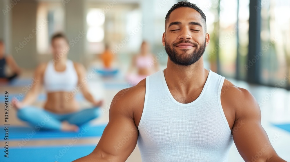 A man in a white tank top meditates happily inside a bright, spacious yoga studio. People practicing yoga are visible in the soft-focus background behind him. A man in a white tank top meditates happily inside a bright, spacious yoga studio. People practicing yoga are visible in the soft-focus background behind him.