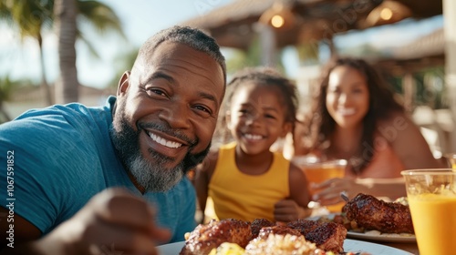 A cheerful family of three is gathered together enjoying a meal outdoors at sunset, with a focus on happiness, togetherness, and delicious food.