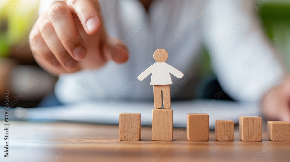 A hand places a wooden figure on a podium, representing promotion and growth. The ascending levels depict progress and achievement in personal or professional paths. A hand places a wooden figure on a podium, representing promotion and growth. The ascending levels depict progress and achievement in personal or professional paths.