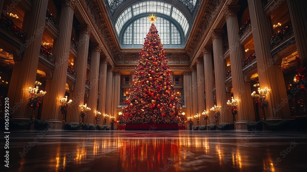 Obraz premium A grand, ornate Christmas tree stands tall in a spacious hall, illuminated by warm candlelight and a skylight.