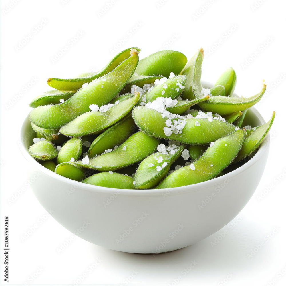 A bowl of steamed edamame with salt, isolated on a white background, emphasizing a healthy snack A bowl of steamed edamame with salt, isolated on a white background, emphasizing a healthy snack