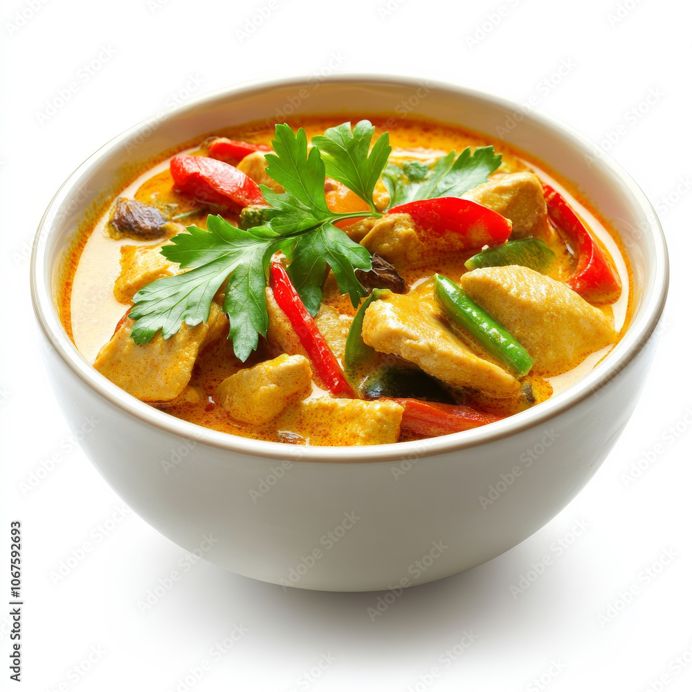 A bowl of flavorful curry with visible spices, isolated on a white background, showcasing a vibrant dish