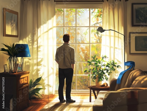 A Heartwarming Moment of Home: Man Adorns Living RoomBlue Ribbons and Autumn Decor photo