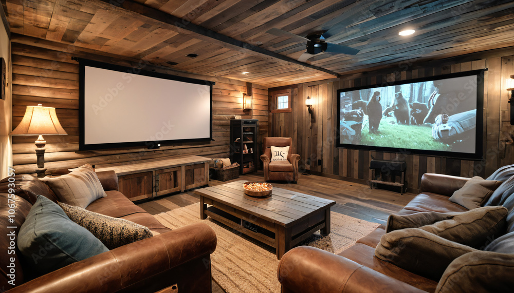 Rustic home entertainment setup featuring a projector screen and comfortable seating area for a cozy movie night experience._00001_ Rustic home entertainment setup featuring a projector screen and comfortable seating area for a cozy movie night experience._00001_