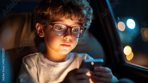 A young boy with round glasses is intently focused on his smartphone while sitting in a dimly lit car, conveying a sense of concentration and engagement.