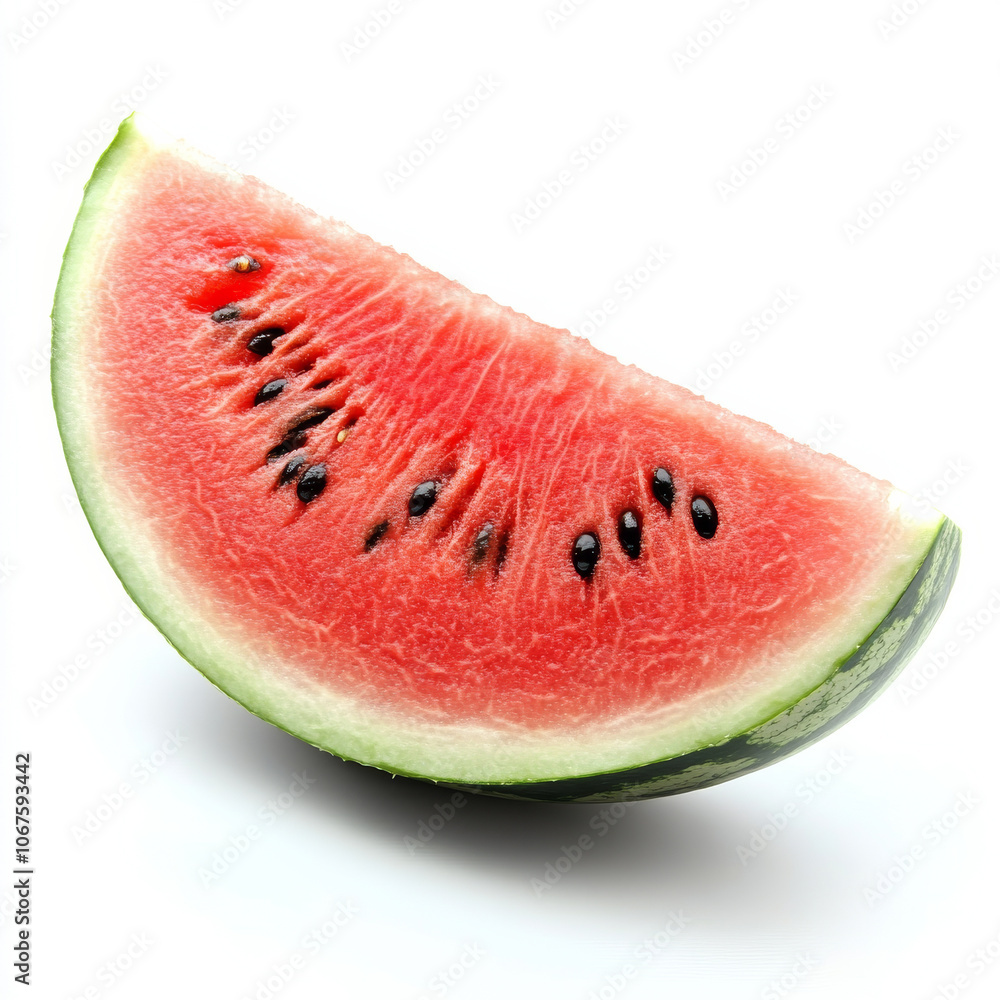 A single watermelon slice with seeds visible, isolated on a white background, highlighting a refreshing fruit A single watermelon slice with seeds visible, isolated on a white background, highlighting a refreshing fruit