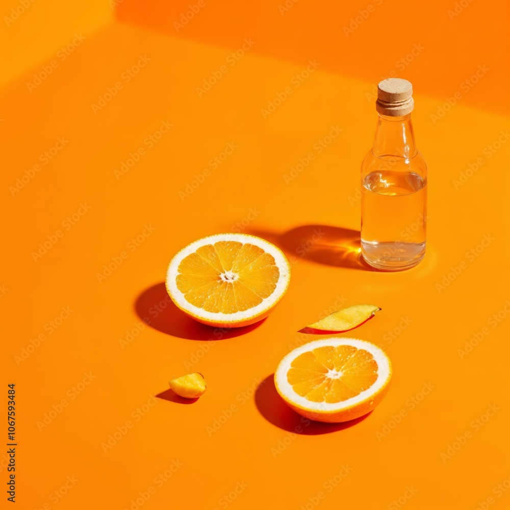 Showcase Stunning 3D Mockup of Orange Slice and Glass Bottle Product Photo Showcase Stunning 3D Mockup of Orange Slice and Glass Bottle Product Photo
