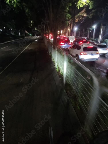 Biking along a rain-drenched bike lane at night in São Paulo, navigating city traffic with wet pavement glowing from urban lights	