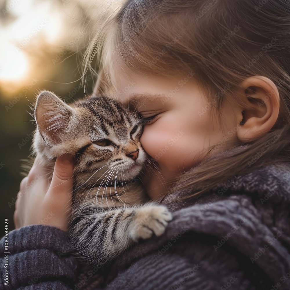 A young child lovingly hugs a kitten, capturing pure affection and warmth in a tender moment shared together. A young child lovingly hugs a kitten, capturing pure affection and warmth in a tender moment shared together.