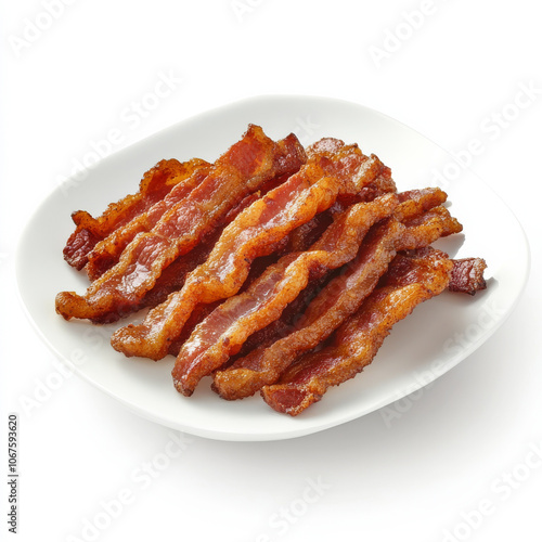 A plate of crispy bacon strips, isolated on a white background, showcasing a savory breakfast option